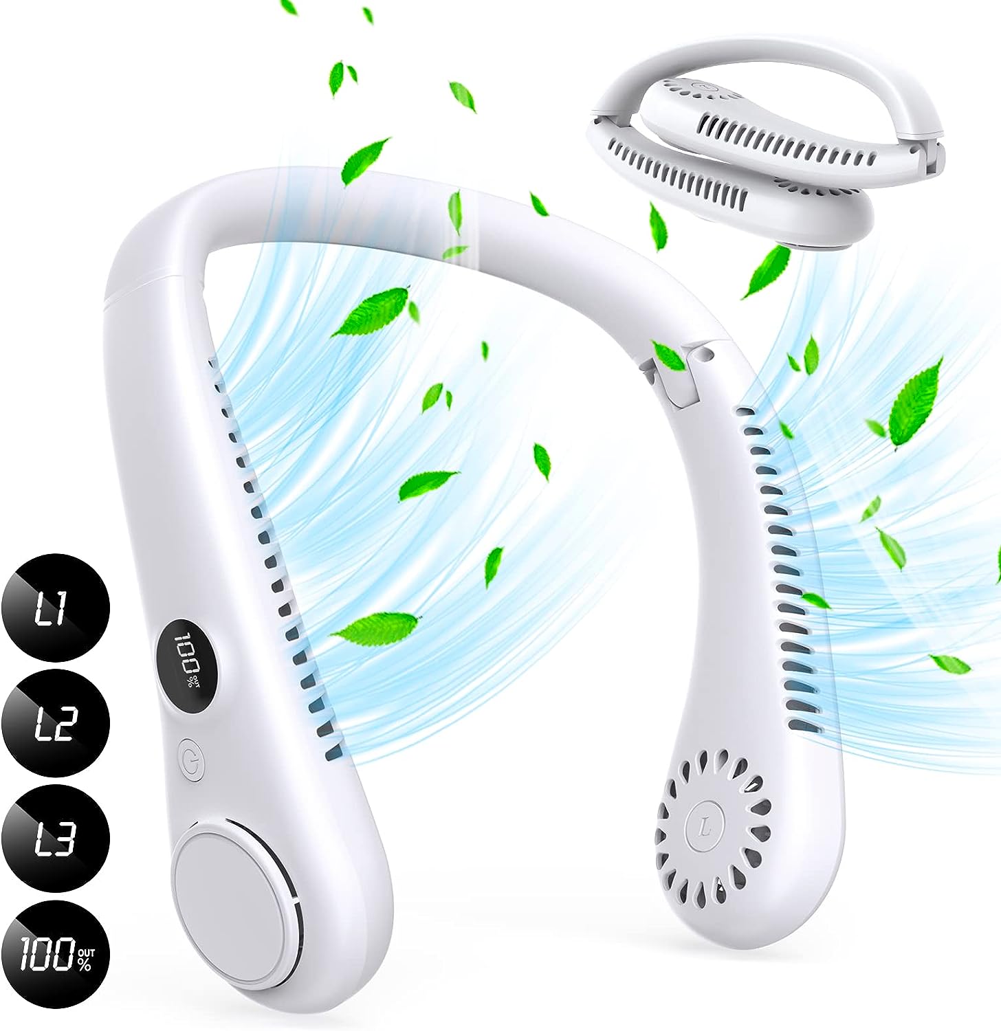 Portable Hands-Free Cooling Solution with LCD Display Personal Neck Fan -  White